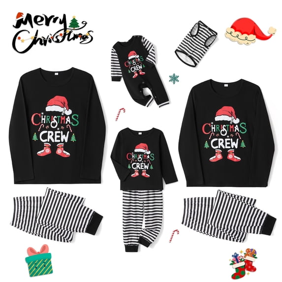 AIGUR Family Matching Christmas Pajama Set Letter Stripe Hat Print Holiday Pajamas Sleepwear Dad Mom Kids PJs