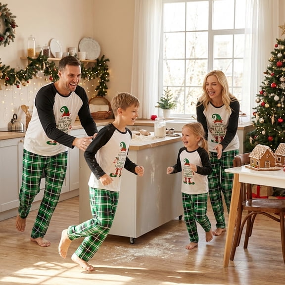 AIGUR Family Matching Christmas Pajama Set, Long Sleeve Letters Elf Print T-shirt with Plaid Pants Sleepwear Loungewear