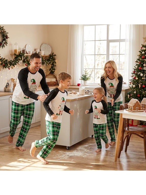 Family Matching Christmas Pajama Set, Long Sleeve Letters Elf Print T-shirt with Plaid Pants Sleepwear Loungewear