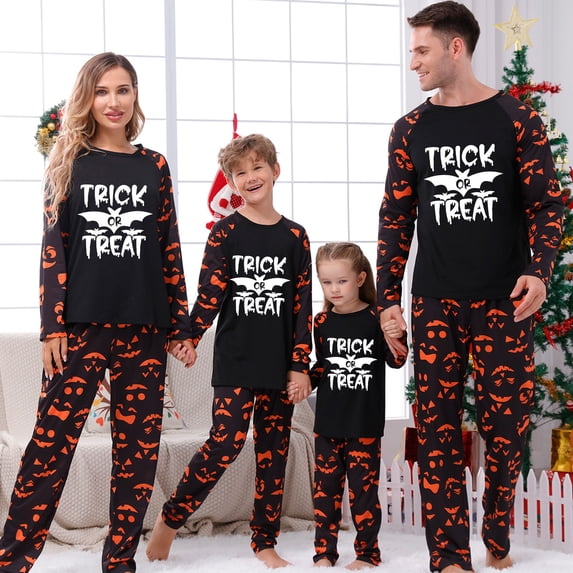 AIGUR Family Matching Halloween Pajamas Set Bat Letter Print Holiday Pajamas Glow in Dark Sleepwear Dad Mom Kids PJs