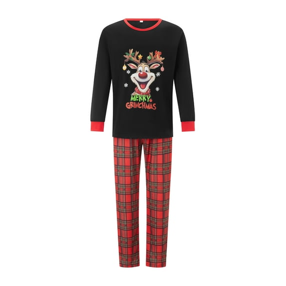 Argulvti Family Matching Pajamas Christmas Elk Print Long Sleeve Tops and Elastic Plaid Pants Set for Loungewear Soft Sleepwear