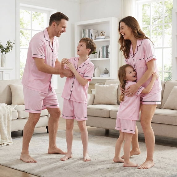 AIGUR Family Matching Pajamas Summer Solid Colors Short Sleeves Shirt and Elastic Shorts for Loungewear Soft Sleepwear