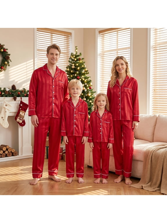Family Matching Satin Pajamas Set Stripe Long Sleeve Lapel Button Down Tops Pants Holiday Pajamas Sleepwear