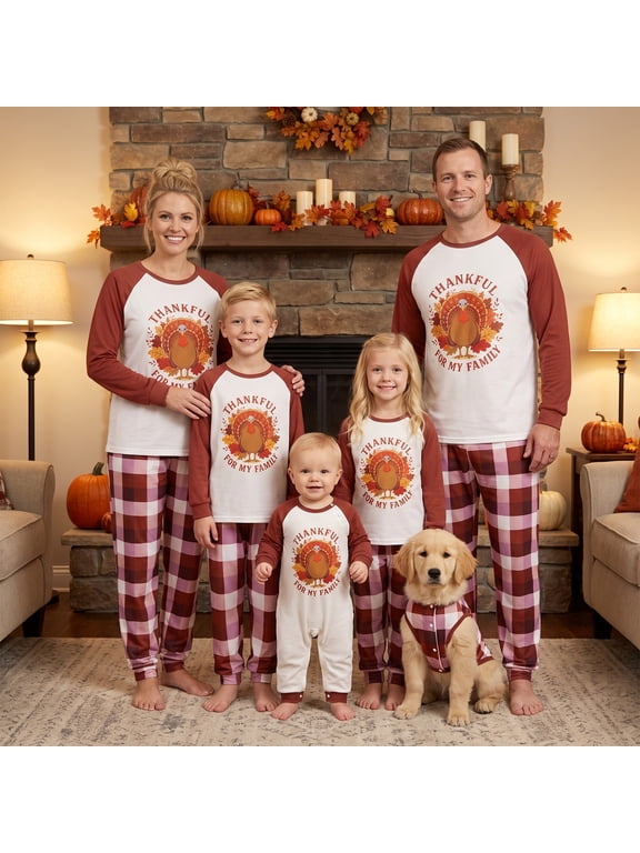 Family Thanksgiving Pajamas Matching Set Long Sleeve Tops with Plaid Pants