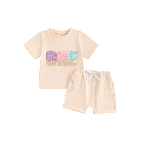 Argulvti Infant Baby 1st Birthday Outfit Letter Embroidery Short Sleeve T-Shirt with Solid Color Shorts for Boy Girl