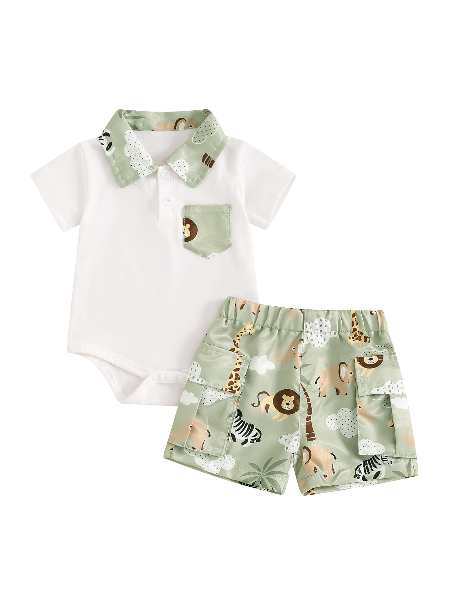 AIGUR Infant Baby Boy 2 Piece Summer Set, Cotton Animal Print Lapel