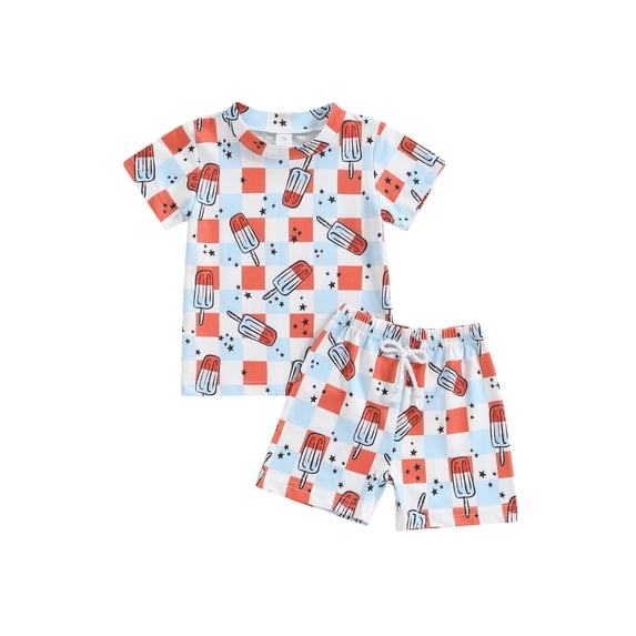 Argulvti Infant Baby Boys Shorts Set, Plaid Popsicle Print Short Sleeve T-shirt with Elastic Waist Shorts Summer Outfit for 4th of July