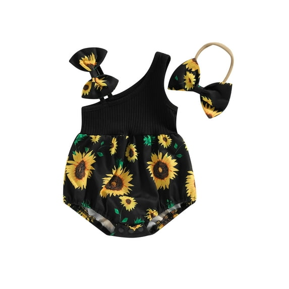 Argulvti Infant Baby Girl Summer Jumpsuit Polyester Sunflower Print Sleeveless Romper and Headband Leisure Set