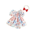 thumbnail image 1 of Argulvti Infant Baby Girls 4th of July Romper Dress Polyester Star Balloon Print Short Puff Sleeve Shirred Jumpsuit with Bow Headband, 1 of 8