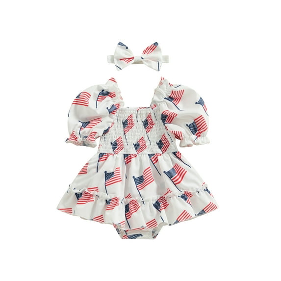 Argulvti Infant Baby Girls Independence Day Romper Dress Polyester Short Sleeve Rainbow/Flag Print Romper with Headband