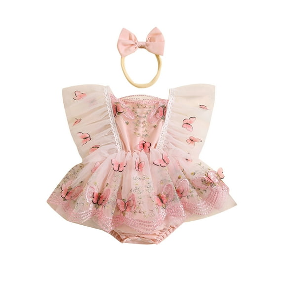 Argulvti Infant Baby Girls Rompers Dress Lace Trim Butterfly Pattern Embroidered Fly Sleeve Tulle Skirt Hem Bodysuits with Headband