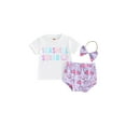 thumbnail image 1 of Argulvti Infant Baby Girls Shorts Outfits, Letter Print Short Sleeve T-Shirt with Shell Pattern Shorts and Bow Heaband Set, 1 of 9