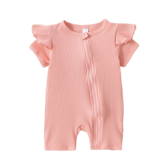 Argulvti Infant Baby Girls Summer Jumpsuit Leisure Cotton Solid Color Ribbed Short Sleeve Romper