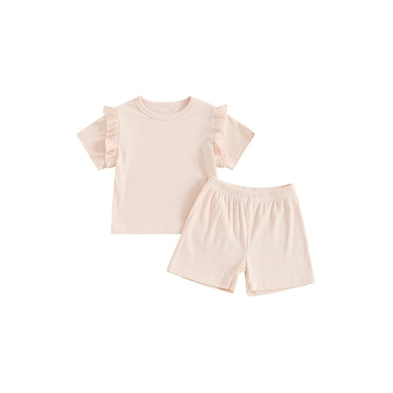 Argulvti Infant Baby Girls Summer Outfit Solid Color Cotton Ruffles Short Sleeve T-Shirt and Elastic Shorts Set