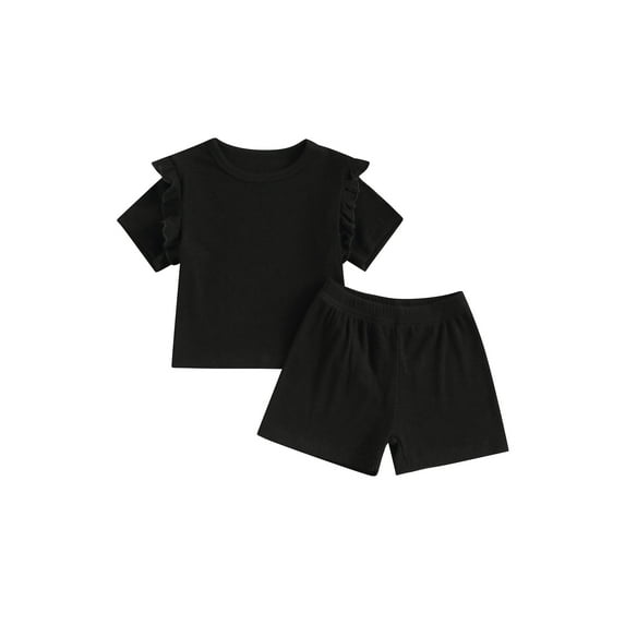 Argulvti Infant Baby Girls Summer Outfit Solid Color Cotton Ruffles Short Sleeve T-Shirt and Elastic Shorts Set