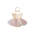 thumbnail image 1 of Argulvti Infant Baby Girls Summer Romper Dress with Bow Headband Cotton Flying Sleeve Floral Tulle Patchwork Leisure Jumpsuit, 1 of 9