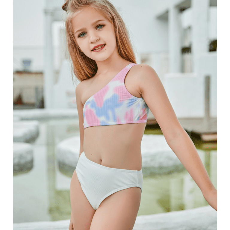 AIGUR Kid Girls Swimsuit, One Shoulder Tie Dye Tank Top and Swim Bottom  Beach Swimwear 