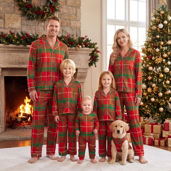 AIGUR Matching Family Christmas Pajamas, Long Sleeve Lapel Plaid Sleepwear Set for Adults, Kids, Baby Dog
