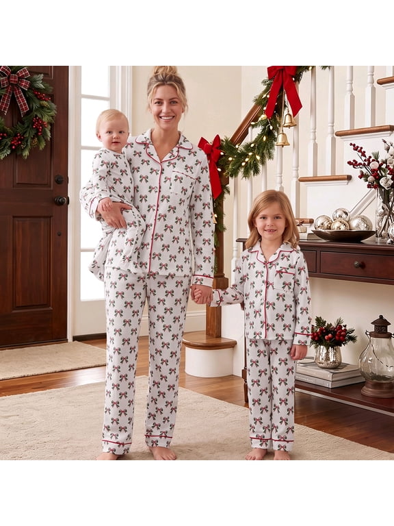 Mommy and Me Matching Christmas Pajamas Bow Print Lapel Long Sleeve Top Pants Family Sleepwear Set