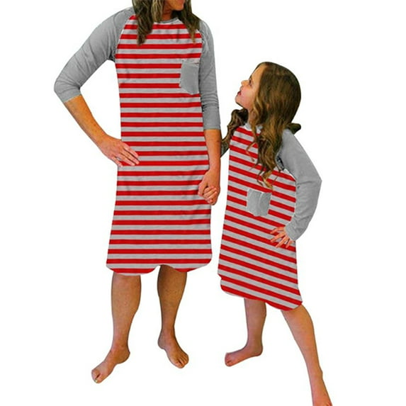 AIGUR Mommy and Me Matching Dress Stripe Snowflake Print Crew Neck Long Sleeve Dress Family Matching Christmas Clothes