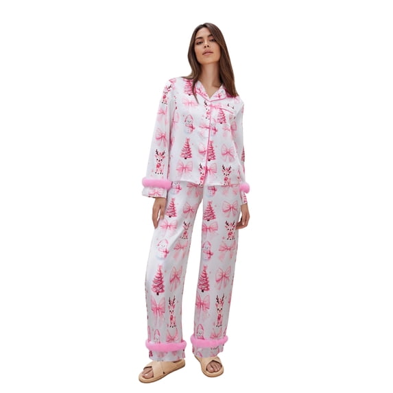 AIGUR Mommy and Me Matching Pajamas Bow Deer Print Button Down Long Sleeve Lapel Tops Pants Family Sleepwear