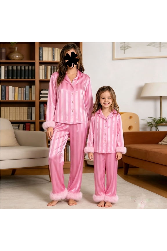 Mommy and Me Matching Pajamas Long Sleeve Lapel Stripe Print Button Up Tops and Pants Set