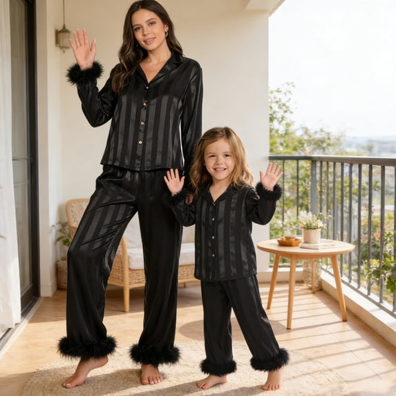 AIGUR Mommy and Me Matching Pajamas Long Sleeve Lapel Stripe Print Button Up Tops and Pants Set