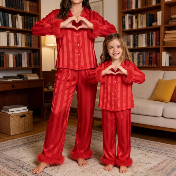 AIGUR Mommy and Me Matching Pajamas Long Sleeve Lapel Stripe Print Button Up Tops and Pants Set