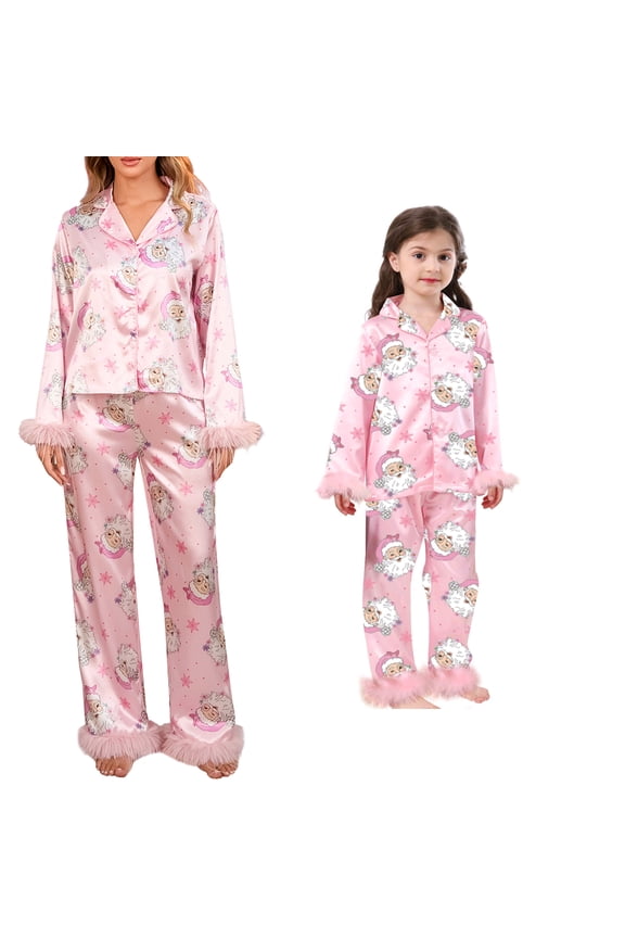 Mommy and Me Matching Pajamas Santa Print Button Down Long Sleeve Lapel Tops Pants Family Christmas Satin Sleepwear
