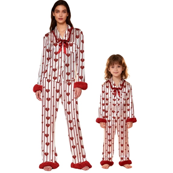 AIGUR Mommy and Me Satin Pajamas Set Adorable Heart Print Long Sleeve Turn Down Collar Tops and Pants, Family Matching Sleepwear