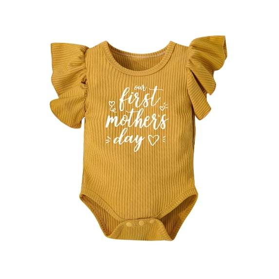 Argulvti Newborn Baby Girl Ruffled Sleeves Jumpsuit Polyester Letter Print Round Neck Romper for Mother's Day