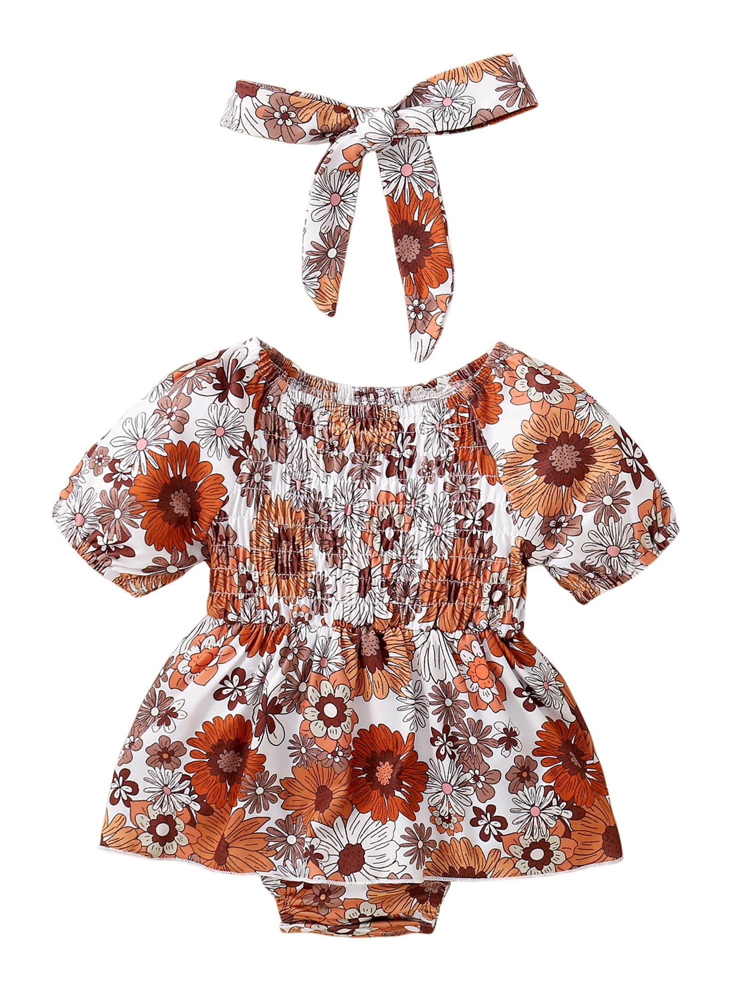 AIGUR Preemie Clothes Girl Newborn Baby Outfits Dress Short Sleeve Floral Print Smocked Romper