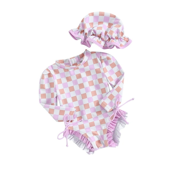 AIGUR Rash Long Sleeve Checkered Print Guard Swimsuit & Sun Hat (Girl's)