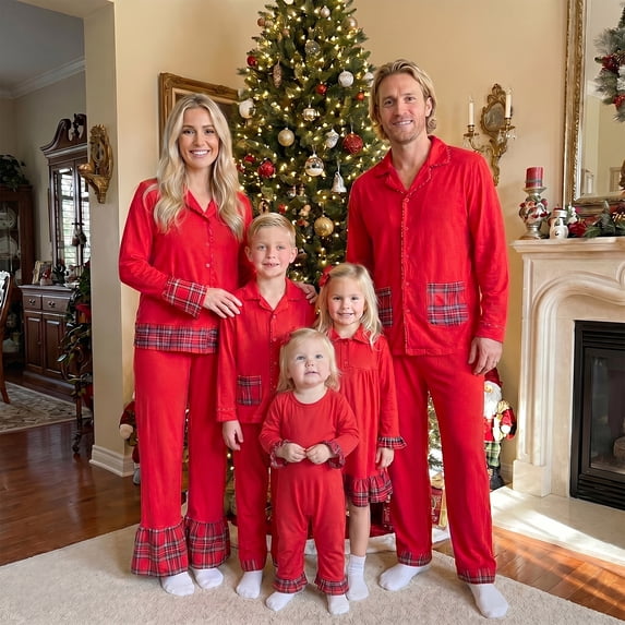 AIGUR Red Family Christmas Pajamas Matching Sets, Classic Plaid Design Christmas Family Matching Outfits