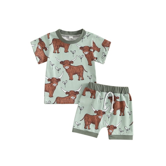 Argulvti Toddler Boys Girls Summer Outfits Polyester Western Cow Print Short Sleeve T-Shirts Tops and Shorts Set