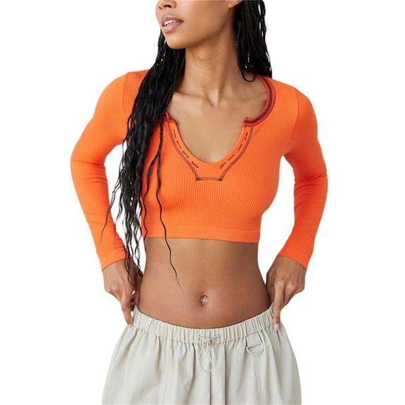 Argulvti Women Long Sleeve Shirt Casual Contrast Color Ribbed Pullover Crop Tops Streetwear Clubwear