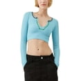thumbnail image 1 of Argulvti Women Long Sleeve Shirt Casual Contrast Color Ribbed Pullover Crop Tops Streetwear Clubwear, 1 of 6