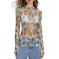 thumbnail image 1 of Argulvti Women Long Sleeve T-Shirts Polyester Floral Print Mesh See-Through Mock Neck Casual Shirts Slim Fit Layering Tops, 1 of 8