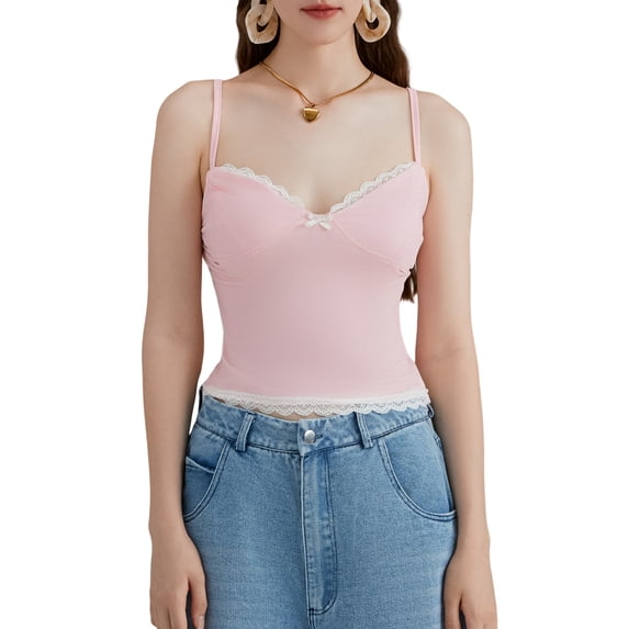 Argulvti Women Spaghetti Strap Camisoles Elastane Lace Trim Sleeveless Backless Tank Tops Summer Vests Tops Streetwear