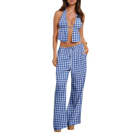 AIGUR Women Summer Pants Outfits Polyester Stripe Tie-Up Halter Neck Backless Sleeveless Tank Tops Wide-Leg Pants Set