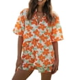 thumbnail image 1 of Argulvti Women Summer Shorts Outfits, Flower Print Turn-Down Collar Short Sleeve Shirts Tops Elastic Waist Shorts Set, 1 of 8