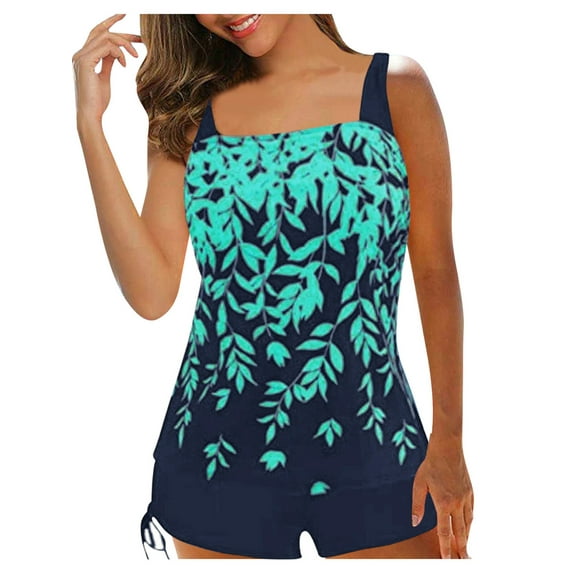 Argulvti Women Summer Swimwear Set, Polyester Leaf Print Padded Tank Tops + Solid Color Drawstring Shorts Swimsuit