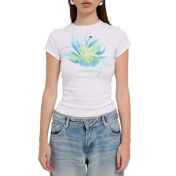 Argulvti Women T-shirt, Crew Neck Short Sleeve Flower Print Polyester Slim Fit Summer Tops for Casual Daily