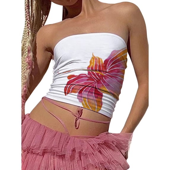 Argulvti Women Tube Tops Flower Print Boat Neck Strapless Tops Polyester Tank Tops Summer Backless Bandeau Shirts