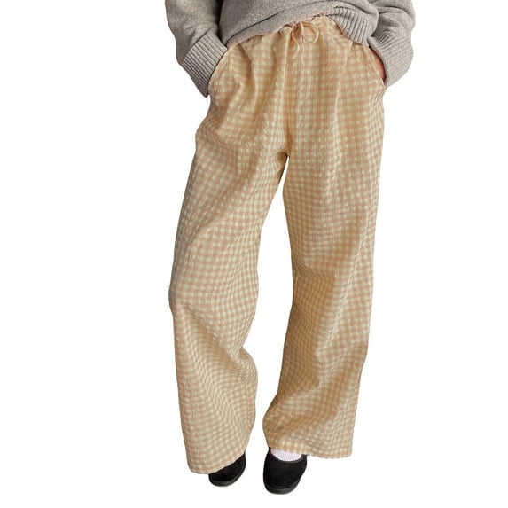 Argulvti Women Wide Leg Pants Elastane Casual Loose Elastic Plaid Trousers with Pockets for Work Office Streetwear