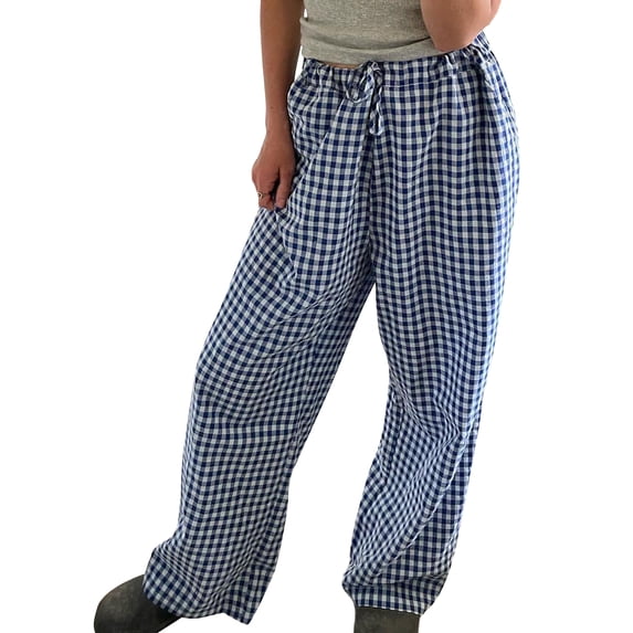 Argulvti Women Wide Leg Pants Elastane Casual Loose Elastic Plaid Trousers with Pockets for Work Office Streetwear