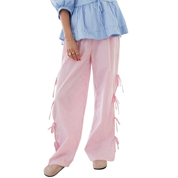 Argulvti Women Wide-Leg Pants Plaid/Stripe Print Polyester Side Tie-Up Loose Trousers Spring Summer Casual Sweatpants Bottoms