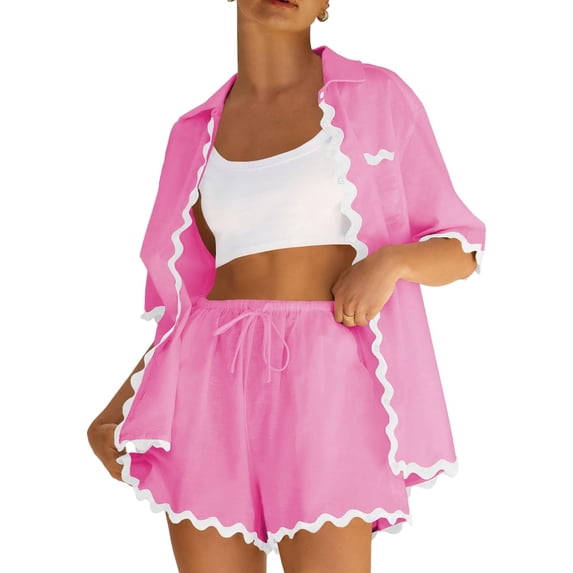 Argulvti Women's 2 Piece Set, Polyester Lapel Neck Short Sleeve Button Down Ric Rac Tops + Elastic Waist Drawstring Shorts