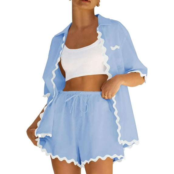 Argulvti Women's 2 Piece Set, Polyester Lapel Neck Short Sleeve Button Down Ric Rac Tops + Elastic Waist Drawstring Shorts
