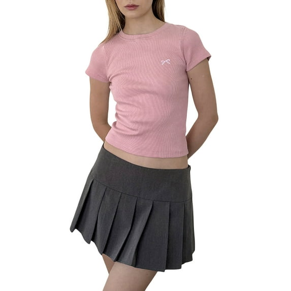Argulvti Women's Crop Tops Tight Fitted Round Neck Short Sleeve Tops Polyester Bow Embroidery Ribbed T-Shirts